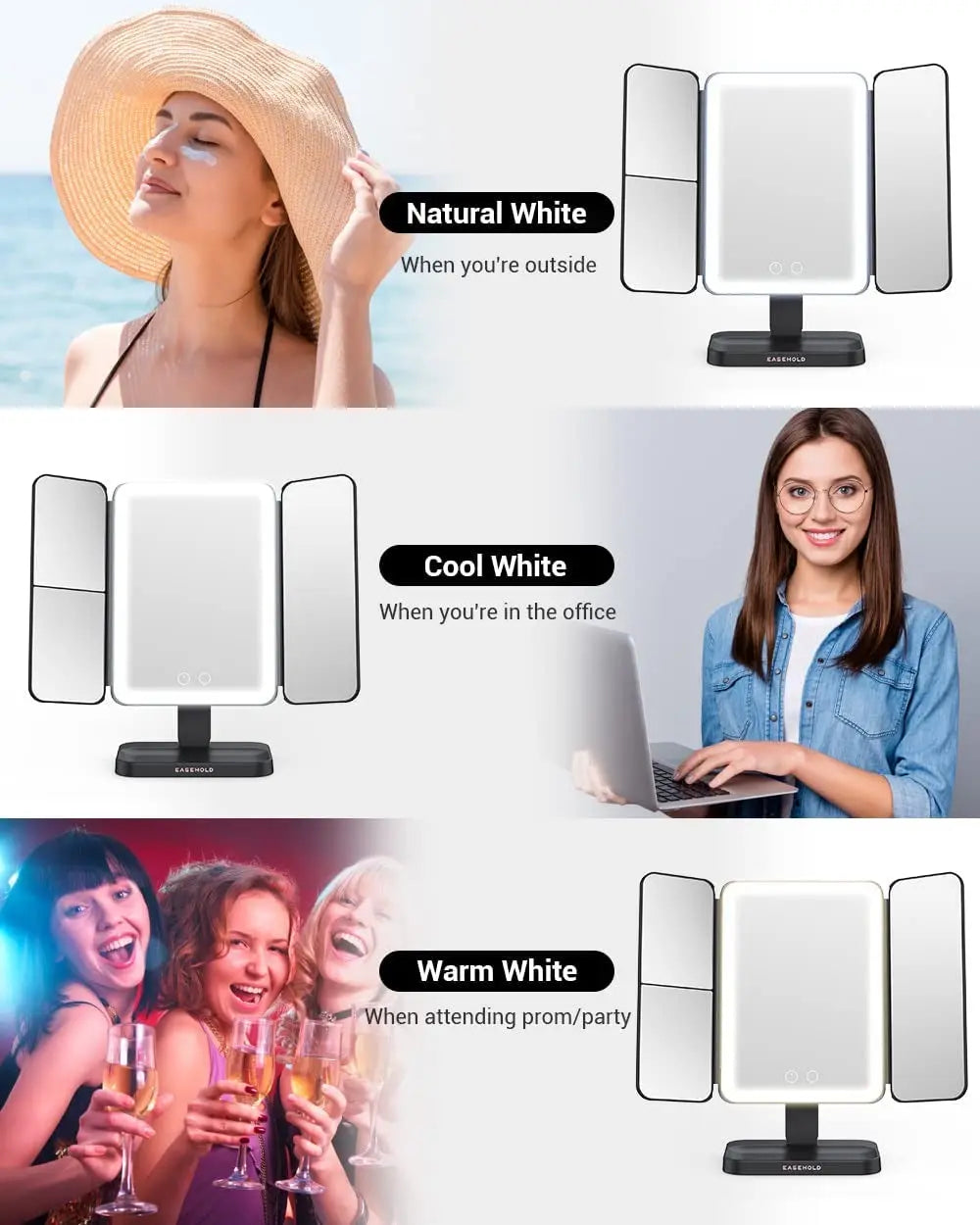 3X Trifold makeup mirror with Adjustable LED lights - FIX IT STORE
