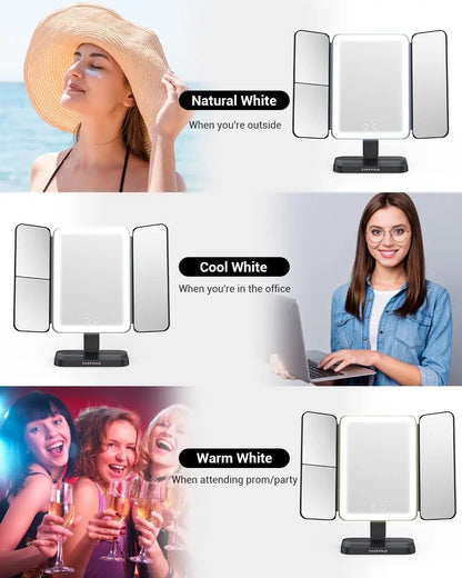 3X Trifold makeup mirror with Adjustable LED lights - FIX IT STORE